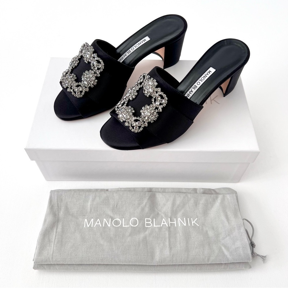 MANOLO BLAHNIK | Martanew Black Satin Jewel‎ Buckle Mules EU 36 US 6
